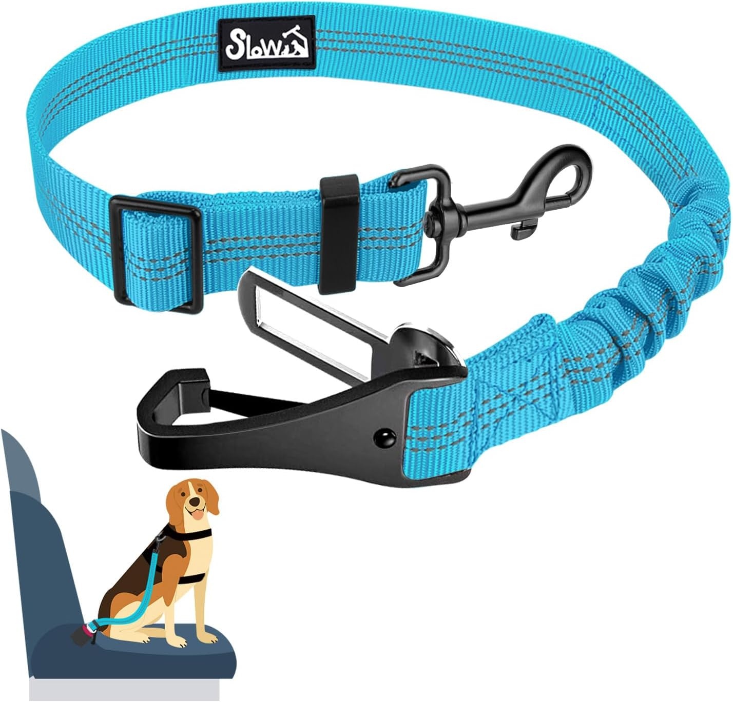 image:imageSlowTon Dog Seat Belt for Car Adjustable 3 in 1 Dog Seatbelt with Elastic Bungee Buffer Nylon Heavy Duty Dog Car Harness Reflective Safety Tether Leash with Latch Hook Clip BlackBlue