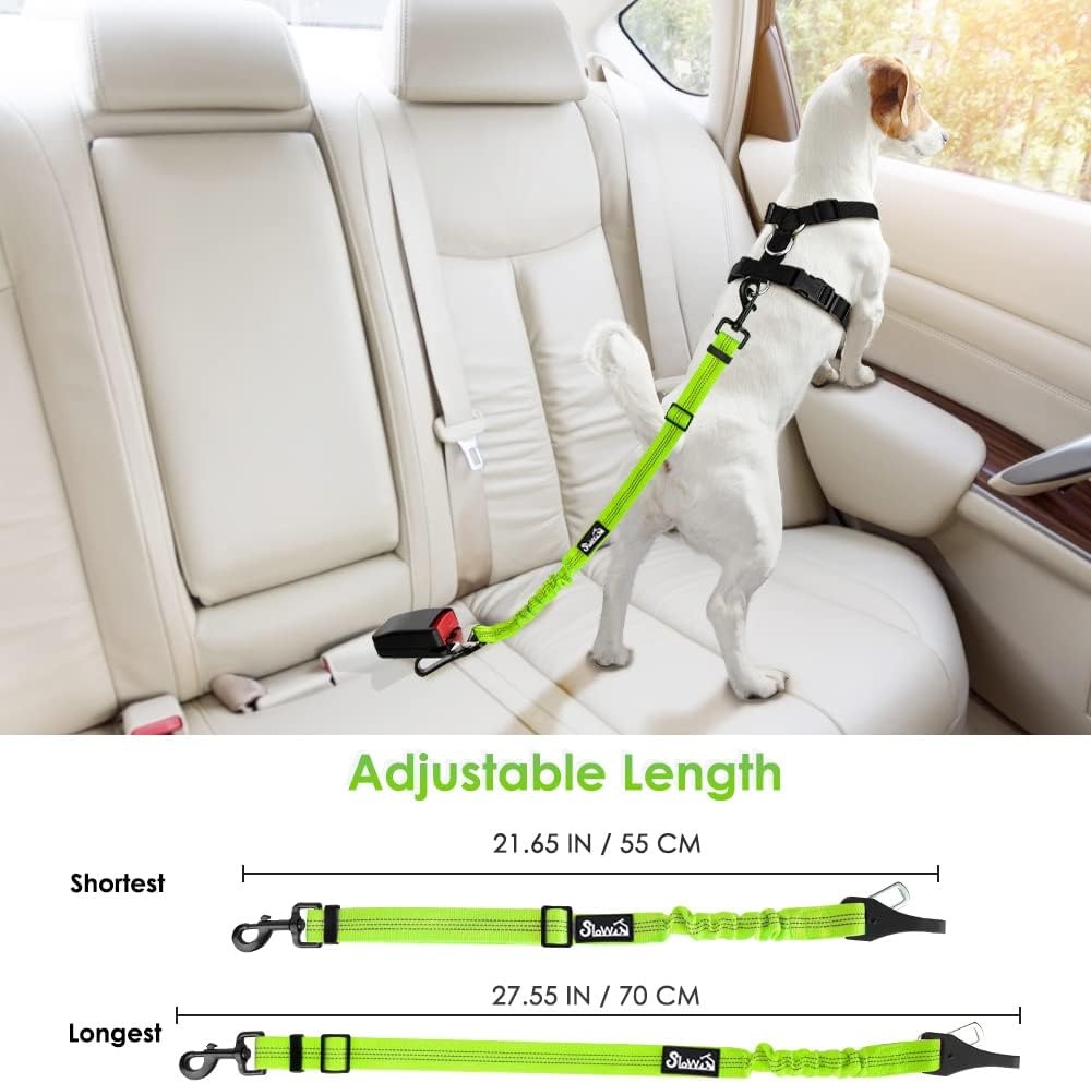 image:imageSlowTon Dog Seat Belt for Car Adjustable 3 in 1 Dog Seatbelt with Elastic Bungee Buffer Nylon Heavy Duty Dog Car Harness Reflective Safety Tether Leash with Latch Hook Clip BlackLime