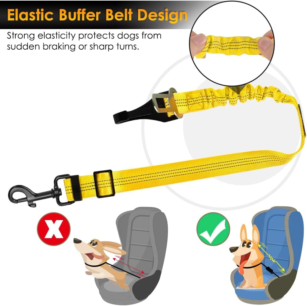 image:imageSlowTon Dog Seat Belt for Car Adjustable 3 in 1 Dog Seatbelt with Elastic Bungee Buffer Nylon Heavy Duty Dog Car Harness Reflective Safety Tether Leash with Latch Hook Clip BlackYellow