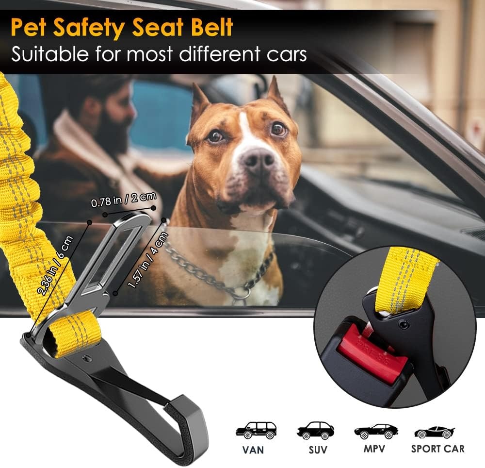 image:imageSlowTon Dog Seat Belt for Car Adjustable 3 in 1 Dog Seatbelt with Elastic Bungee Buffer Nylon Heavy Duty Dog Car Harness Reflective Safety Tether Leash with Latch Hook Clip BlackYellow