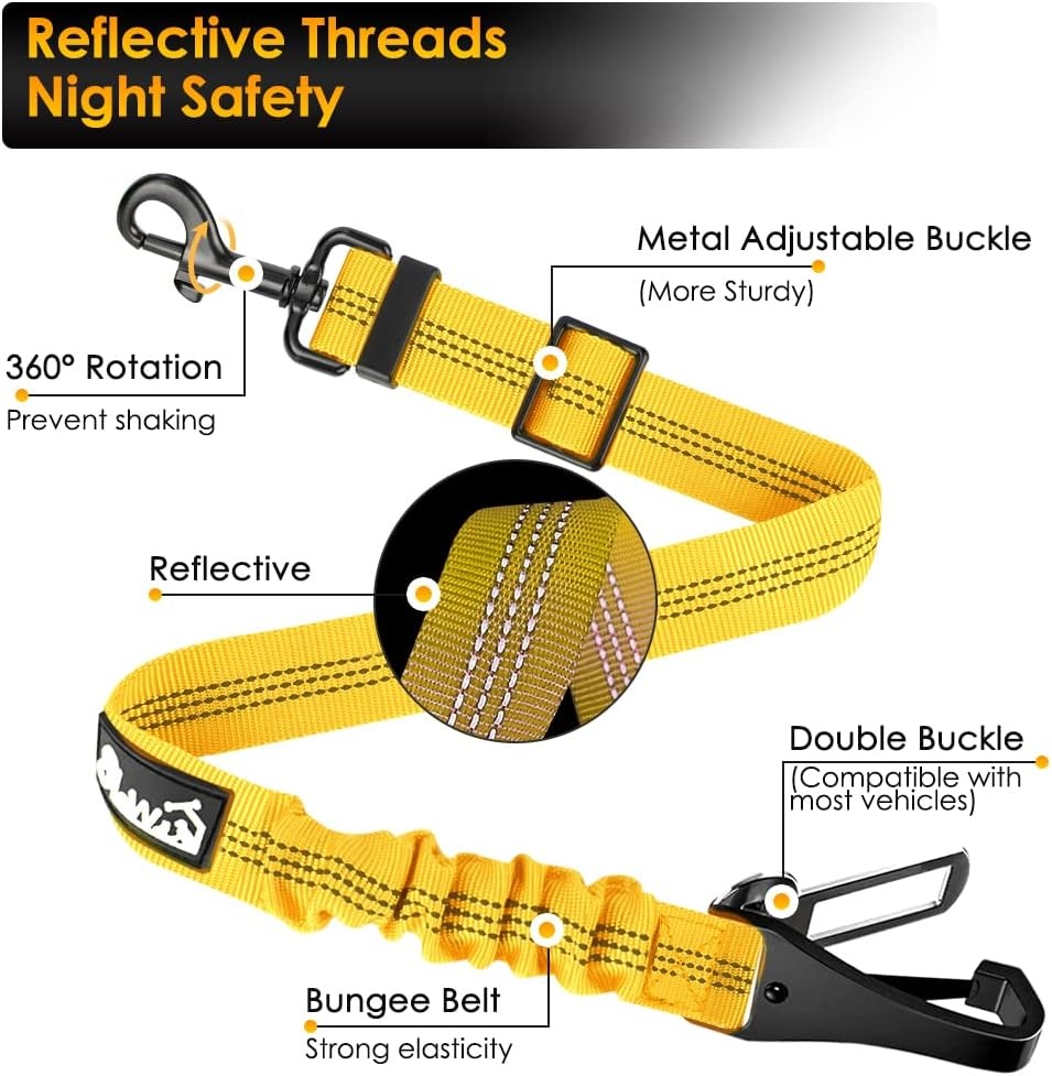 image:imageSlowTon Dog Seat Belt for Car Adjustable 3 in 1 Dog Seatbelt with Elastic Bungee Buffer Nylon Heavy Duty Dog Car Harness Reflective Safety Tether Leash with Latch Hook Clip BlackYellow