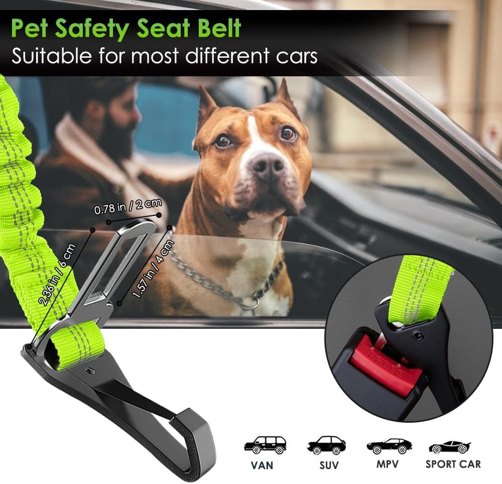 image:imageSlowTon Dog Seat Belt for Car Adjustable 3 in 1 Dog Seatbelt with Elastic Bungee Buffer Nylon Heavy Duty Dog Car Harness Reflective Safety Tether Leash with Latch Hook Clip BlackLime