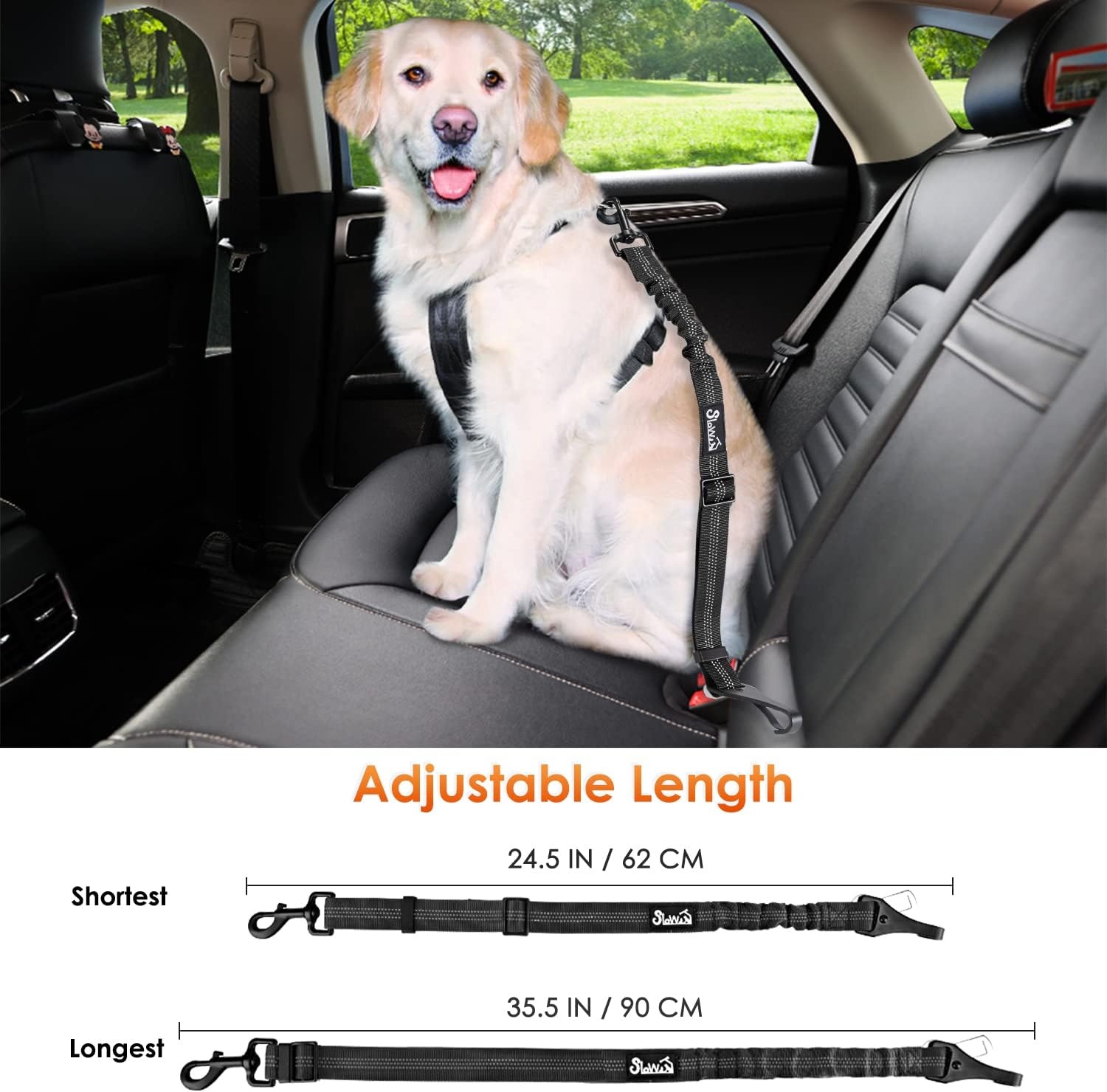 image:imageSlowTon Dog Seat Belt for Car Adjustable 3 in 1 Dog Seatbelt with Elastic Bungee Buffer Nylon Heavy Duty Dog Car Harness Reflective Safety Tether Leash with Latch Hook Clip BlackBlack