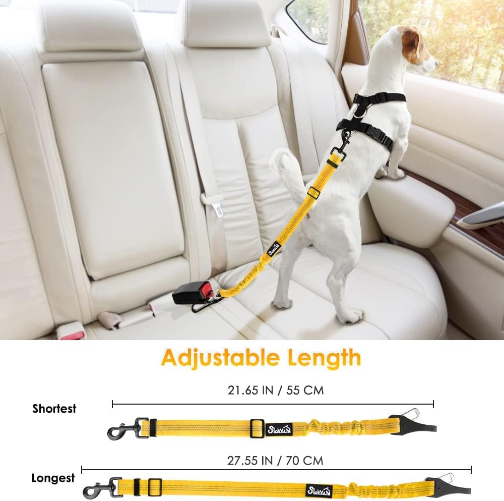 image:imageSlowTon Dog Seat Belt for Car Adjustable 3 in 1 Dog Seatbelt with Elastic Bungee Buffer Nylon Heavy Duty Dog Car Harness Reflective Safety Tether Leash with Latch Hook Clip BlackYellow