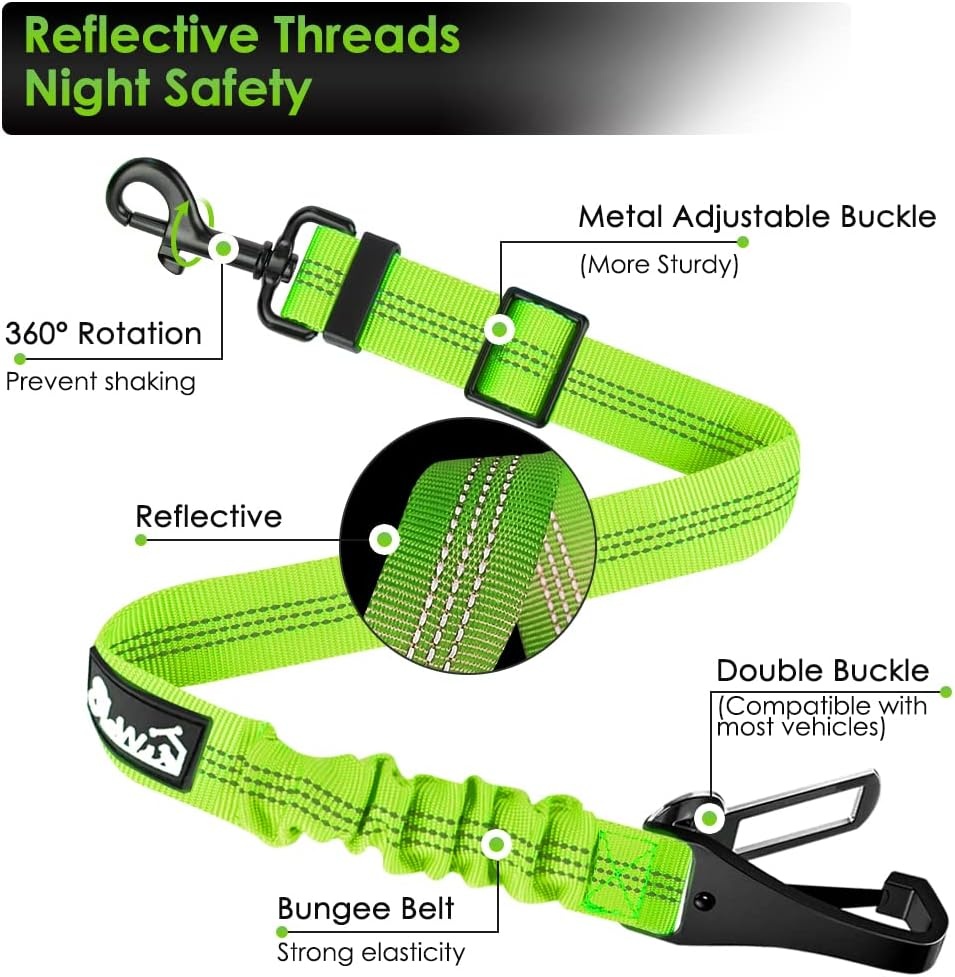 image:imageSlowTon Dog Seat Belt for Car Adjustable 3 in 1 Dog Seatbelt with Elastic Bungee Buffer Nylon Heavy Duty Dog Car Harness Reflective Safety Tether Leash with Latch Hook Clip BlackLime