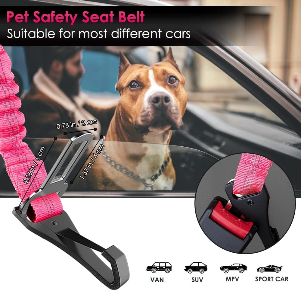 image:imageSlowTon Dog Seat Belt for Car Adjustable 3 in 1 Dog Seatbelt with Elastic Bungee Buffer Nylon Heavy Duty Dog Car Harness Reflective Safety Tether Leash with Latch Hook Clip BlackFluorescence Pink