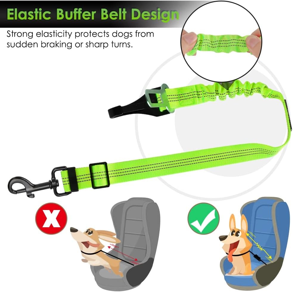 image:imageSlowTon Dog Seat Belt for Car Adjustable 3 in 1 Dog Seatbelt with Elastic Bungee Buffer Nylon Heavy Duty Dog Car Harness Reflective Safety Tether Leash with Latch Hook Clip BlackLime