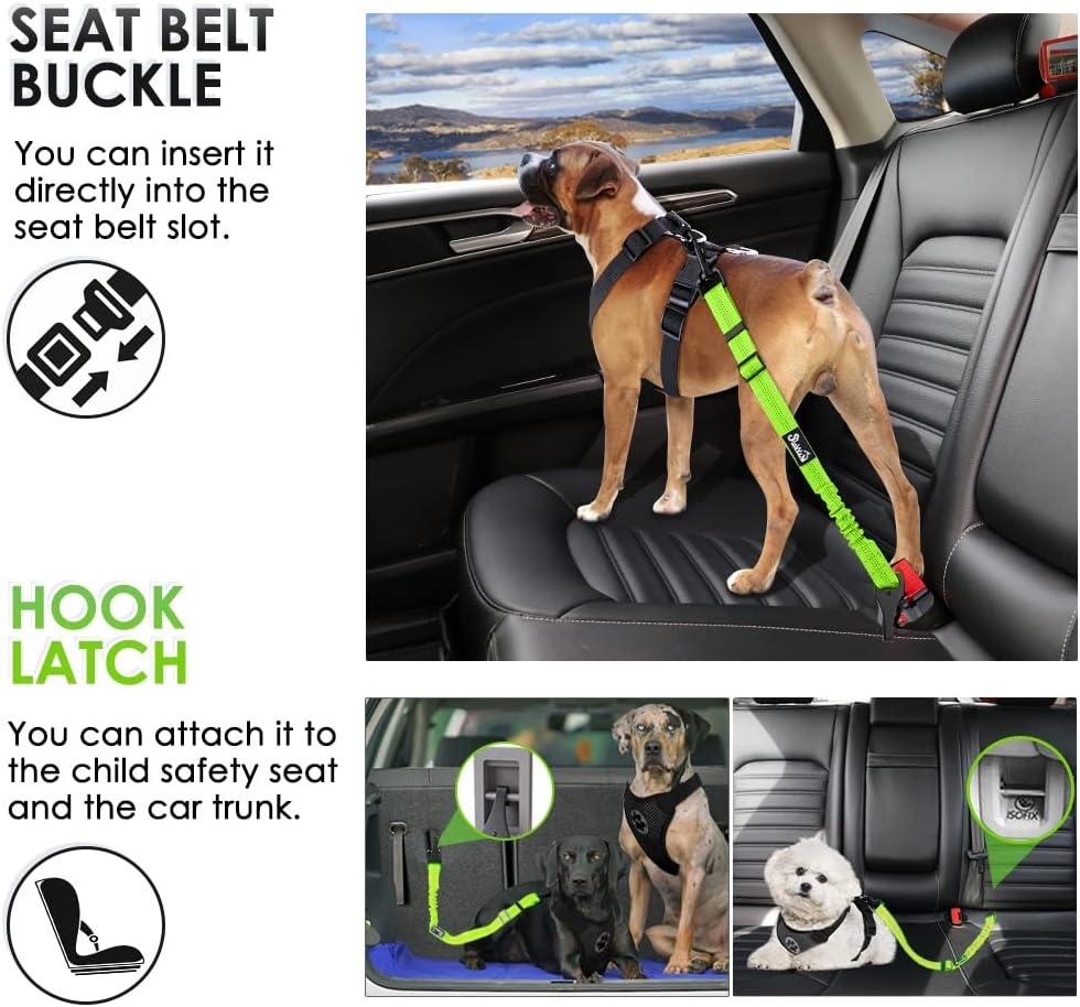 image:imageSlowTon Dog Seat Belt for Car Adjustable 3 in 1 Dog Seatbelt with Elastic Bungee Buffer Nylon Heavy Duty Dog Car Harness Reflective Safety Tether Leash with Latch Hook Clip BlackLime