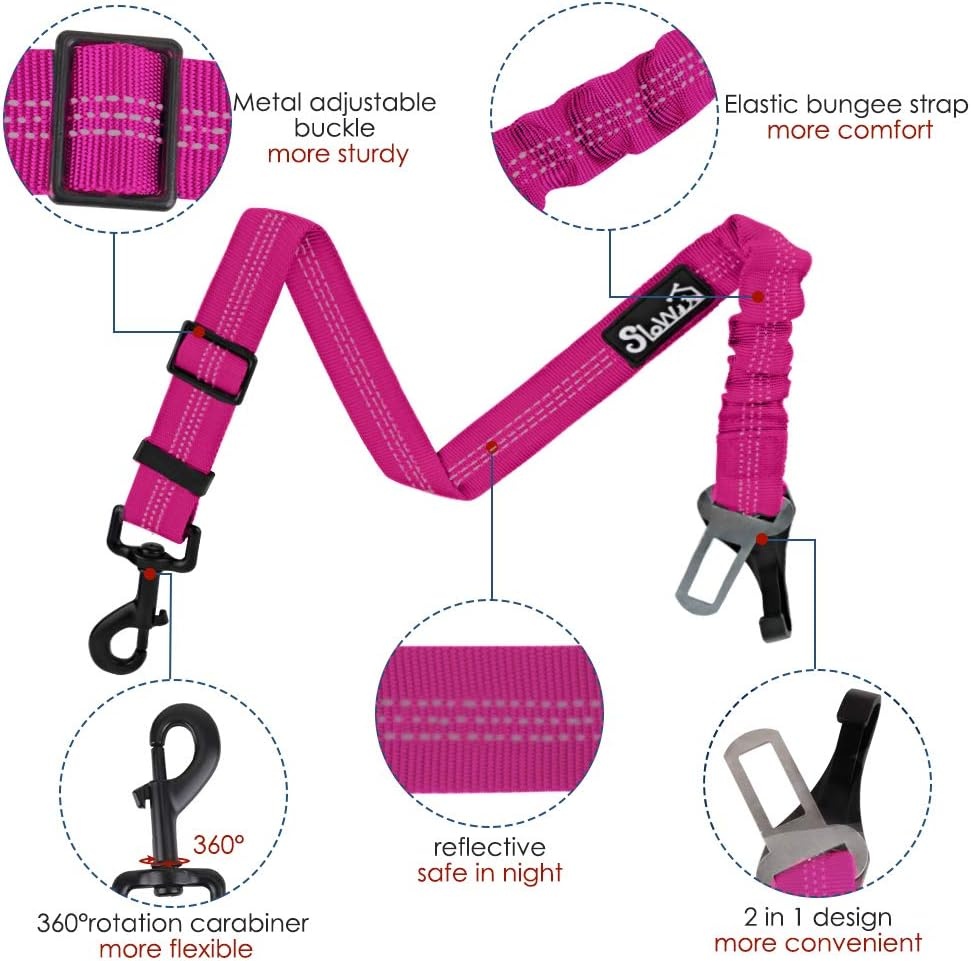 image:imageSlowTon Dog Seat Belt for Car Adjustable 3 in 1 Dog Seatbelt with Elastic Bungee Buffer Nylon Heavy Duty Dog Car Harness Reflective Safety Tether Leash with Latch Hook Clip BlackFluorescence Pink