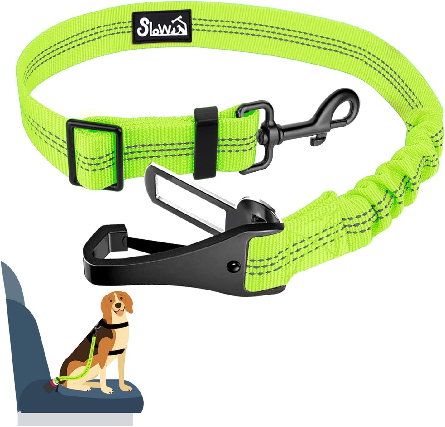 image:imageSlowTon Dog Seat Belt for Car Adjustable 3 in 1 Dog Seatbelt with Elastic Bungee Buffer Nylon Heavy Duty Dog Car Harness Reflective Safety Tether Leash with Latch Hook Clip BlackLime