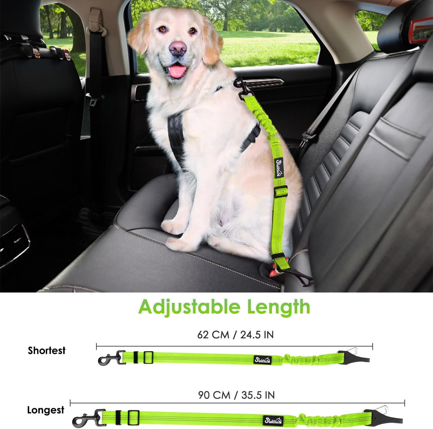 image:imageSlowTon Dog Seat Belt for Car Adjustable 3 in 1 Dog Seatbelt with Elastic Bungee Buffer Nylon Heavy Duty Dog Car Harness Reflective Safety Tether Leash with Latch Hook Clip BlackLime