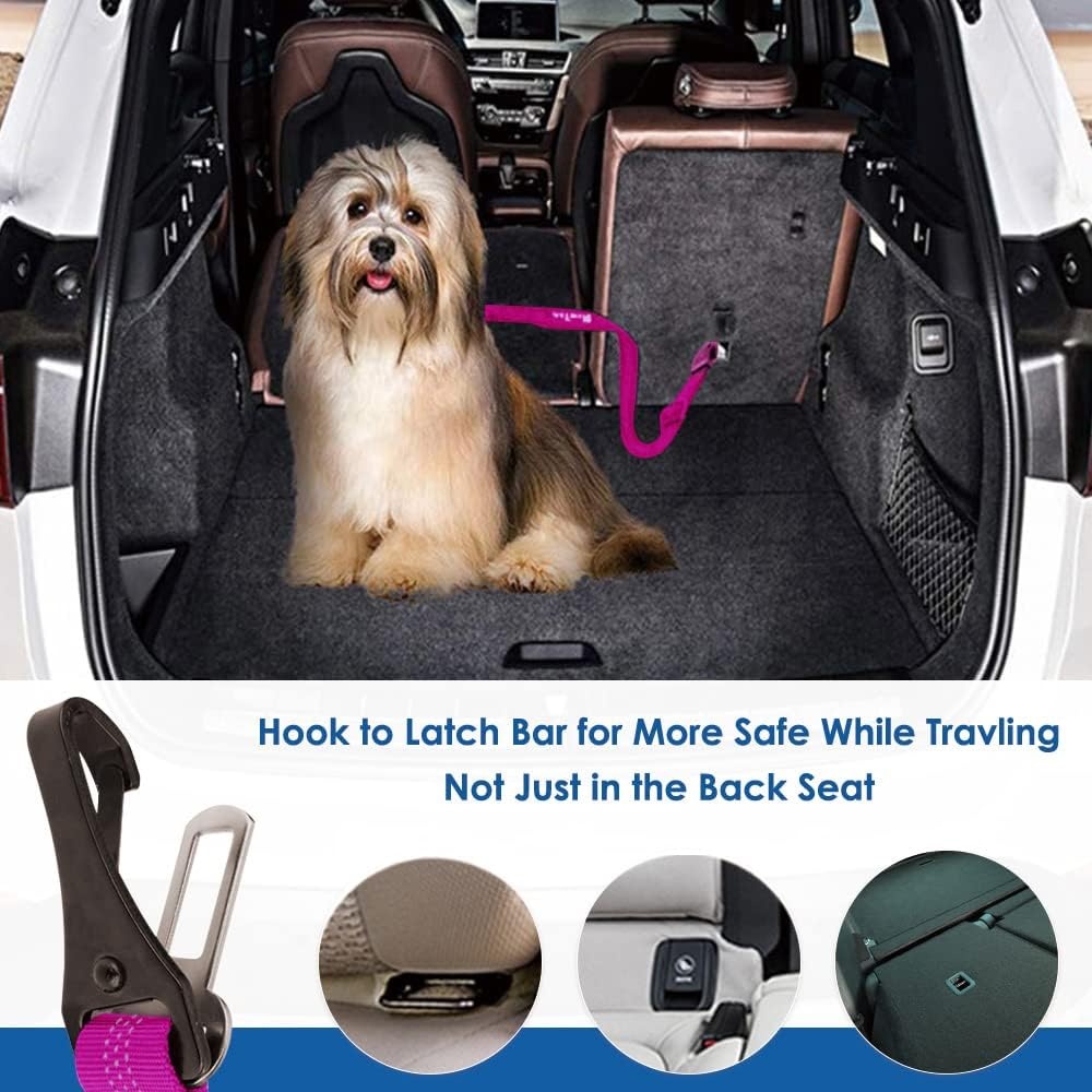 image:imageSlowTon Dog Seat Belt for Car Adjustable 3 in 1 Dog Seatbelt with Elastic Bungee Buffer Nylon Heavy Duty Dog Car Harness Reflective Safety Tether Leash with Latch Hook Clip BlackFluorescence Pink