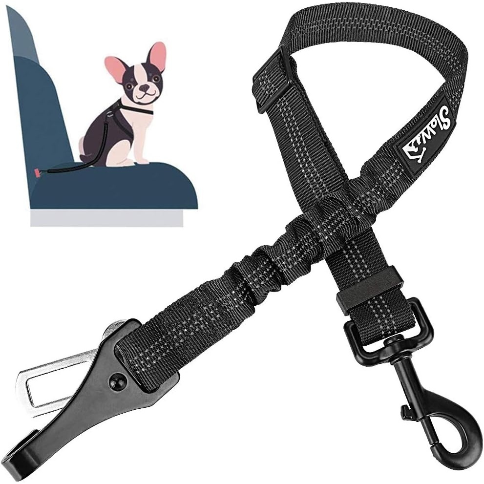 image:imageSlowTon Dog Seat Belt Adjustable Dog Safety Belt Leash 2 in 1 Latch Bar Attachment Dogs Car Seatbelt with Elastic Nylon Bungee Buffer Reflective Nylon Belt Tether Connect to Dog Harness BlueBlack