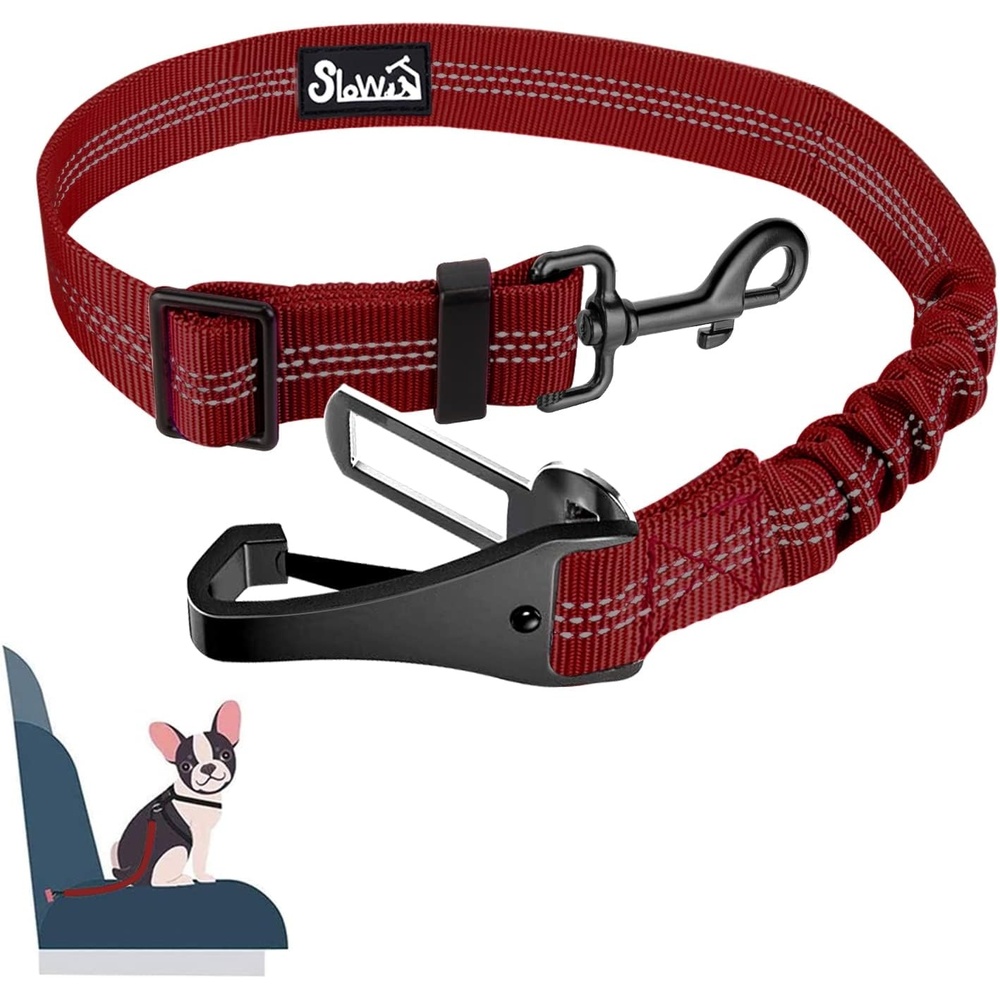 image:imageSlowTon Dog Seat Belt Adjustable Dog Safety Belt Leash 2 in 1 Latch Bar Attachment Dogs Car Seatbelt with Elastic Nylon Bungee Buffer Reflective Nylon Belt Tether Connect to Dog Harness BlueRed