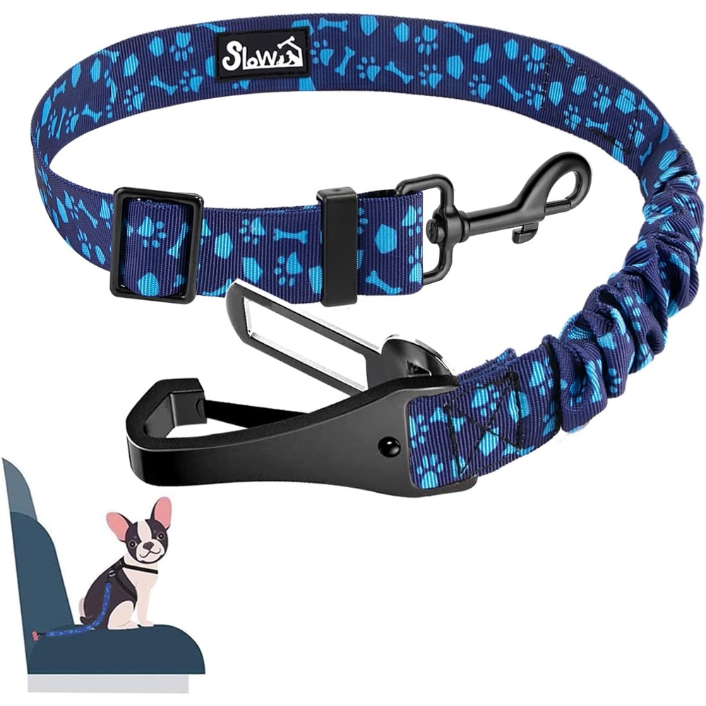 image:imageSlowTon Dog Seat Belt Adjustable Dog Safety Belt Leash 2 in 1 Latch Bar Attachment Dogs Car Seatbelt with Elastic Nylon Bungee Buffer Reflective Nylon Belt Tether Connect to Dog Harness BlueBlue Dog Paw