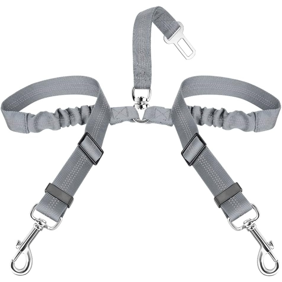 image:imageSlowTon Dog Seat Belt Double Dog Seatbelt Adjustable Vehicle Safety Leash with Elastic Bungee Buffer Reflective No Tangle Y Shape Two Dog Harness Seat Belt Splitter for Pets Car Trip Black SGGrey