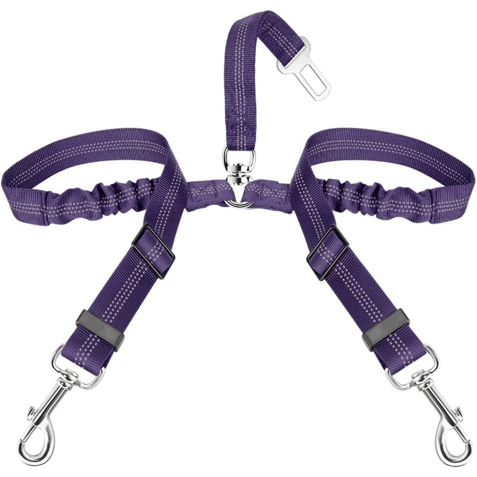 image:imageSlowTon Dog Seat Belt Double Dog Seatbelt Adjustable Vehicle Safety Leash with Elastic Bungee Buffer Reflective No Tangle Y Shape Two Dog Harness Seat Belt Splitter for Pets Car Trip Black SHPurple