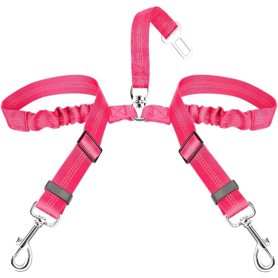 image:imageSlowTon Dog Seat Belt Double Dog Seatbelt Adjustable Vehicle Safety Leash with Elastic Bungee Buffer Reflective No Tangle Y Shape Two Dog Harness Seat Belt Splitter for Pets Car Trip Black SBFluorescent Pink