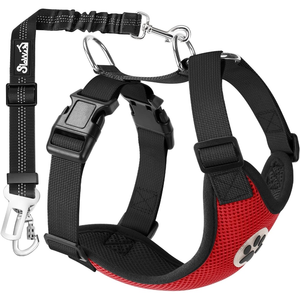 image:imageSlowTon Dog Seat Belt Harness for Car Dog Car Harness Adjustable Mesh Breathable amp Dog Seatbelt Safety Tether with Elastic Bungee for Small Medium Large PetsBlack Double Clip MBRed