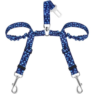 image:imageSlowTon Dog Seat Belt Double Dog Seatbelt Adjustable Vehicle Safety Leash with Elastic Bungee Buffer Reflective No Tangle Y Shape Two Dog Harness Seat Belt Splitter for Pets Car Trip Black SIBlue Paws