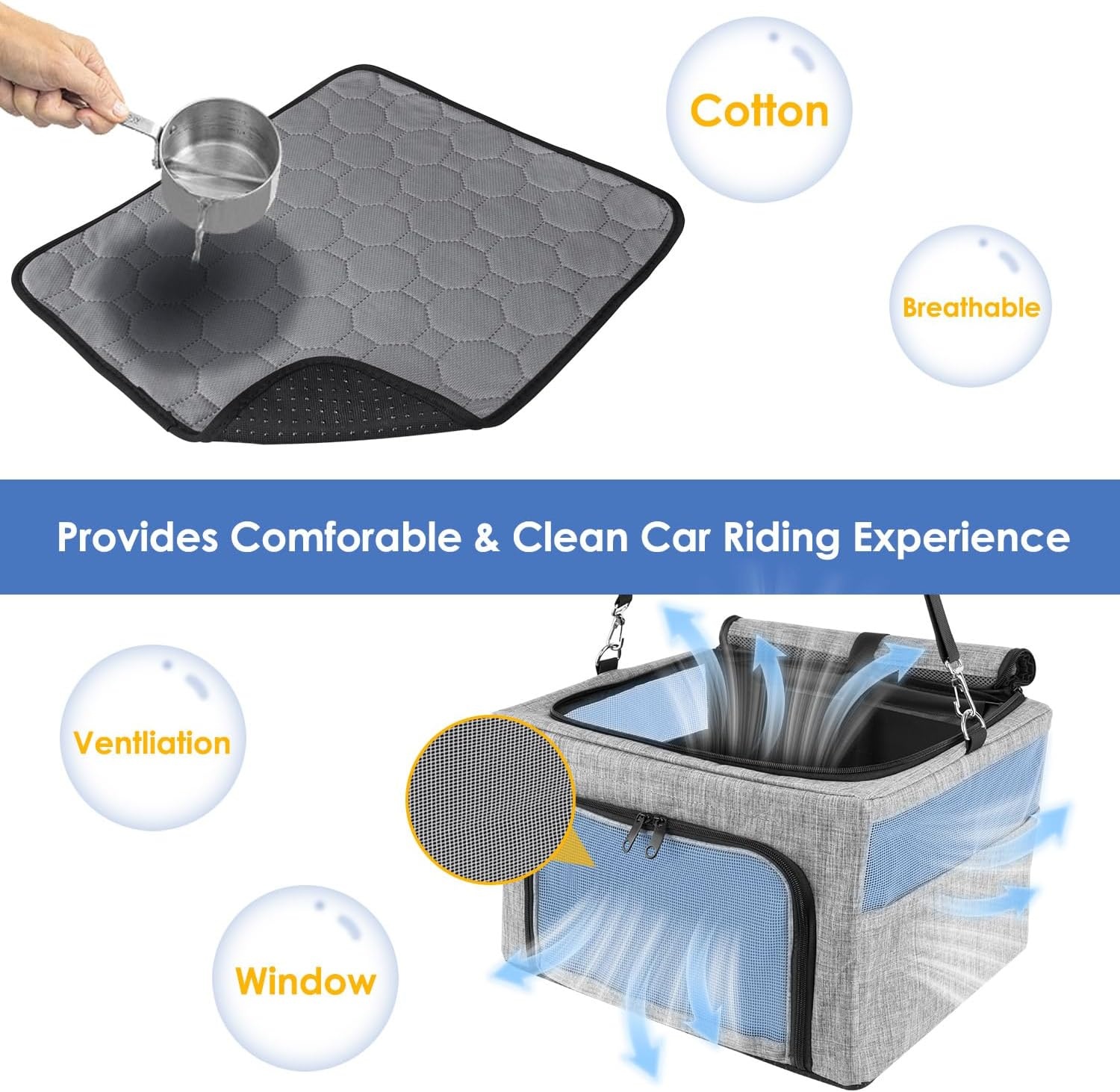 image:imageSlowTon Dog Booster Car Seat Reinforce Metal Frame Safe Pet Car Seat with Seatbelt amp Waterproof Pee Pad amp Top Cover Portable Collapsible Puppy Carrier Bag for Small Medium Dogs Cats up to 15lbsGrey