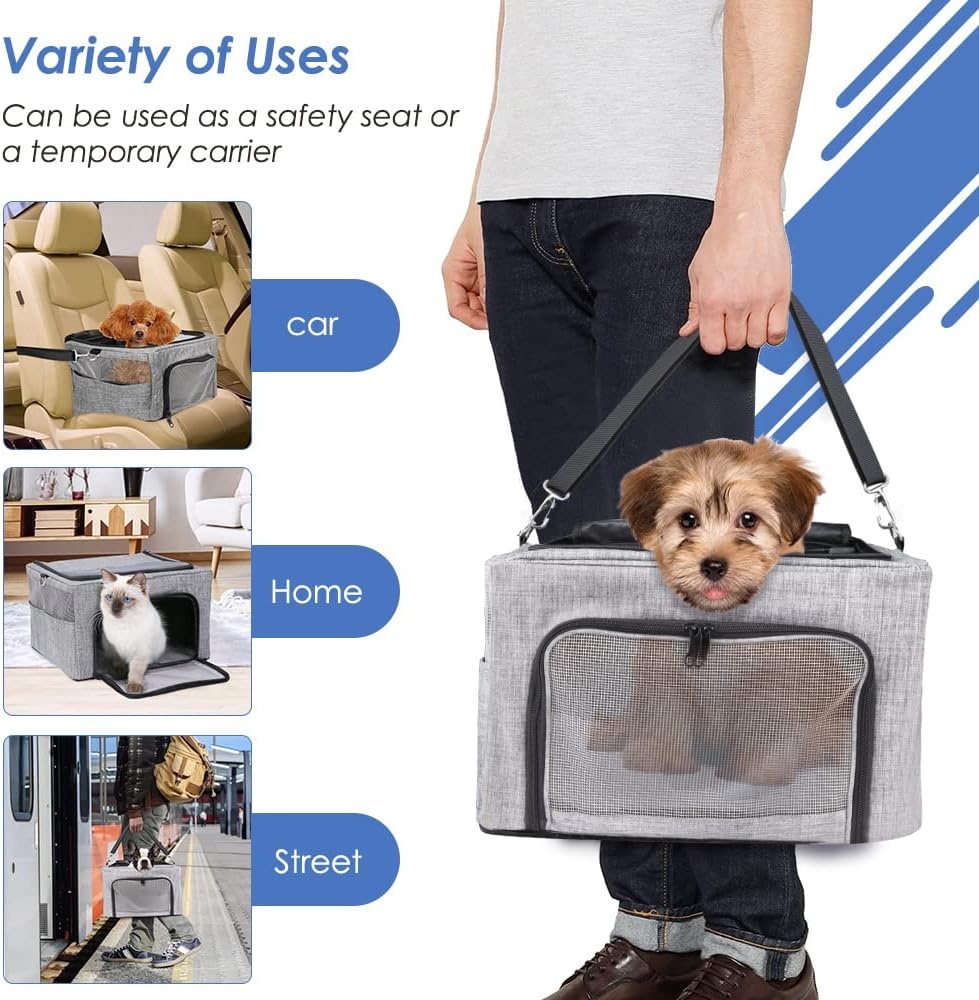 image:imageSlowTon Dog Booster Car Seat Reinforce Metal Frame Safe Pet Car Seat with Seatbelt amp Waterproof Pee Pad amp Top Cover Portable Collapsible Puppy Carrier Bag for Small Medium Dogs Cats up to 15lbsGrey