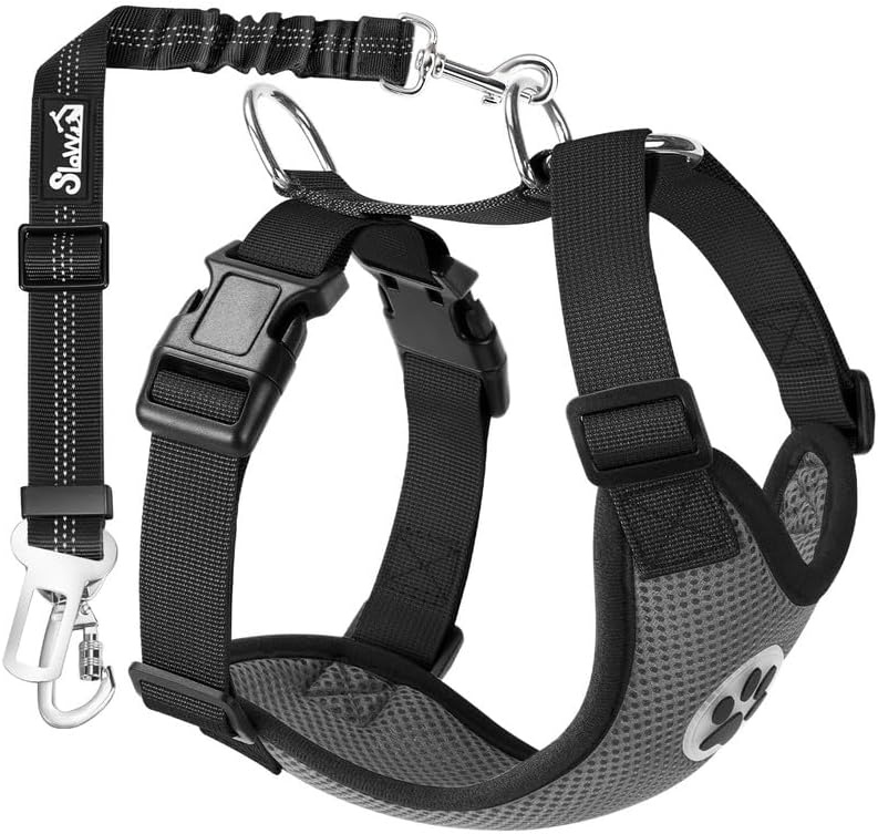 image:imageSlowTon Dog Seat Belt Harness for Car Dog Car Harness Adjustable Mesh Breathable amp Dog Seatbelt Safety Tether with Elastic Bungee for Small Medium Large PetsBlack Double Clip XXXSNGrey
