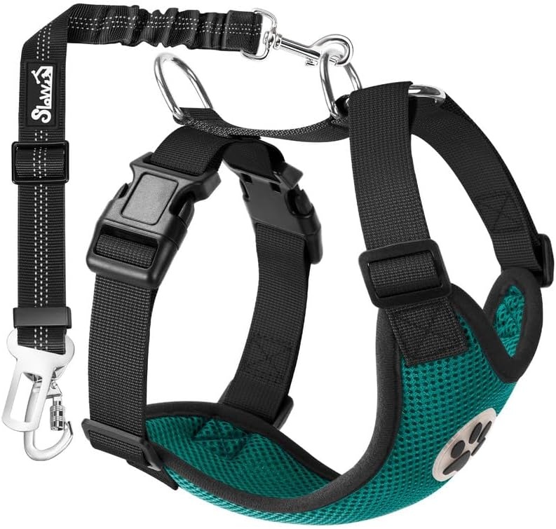 image:imageSlowTon Dog Seat Belt Harness for Car Dog Car Harness Adjustable Mesh Breathable amp Dog Seatbelt Safety Tether with Elastic Bungee for Small Medium Large PetsBlack Double Clip XXXSMGreen