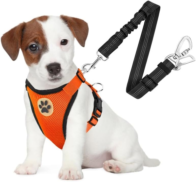 image:imageSlowTon Dog Seat Belt Harness for Car Dog Car Harness Adjustable Mesh Breathable amp Dog Seatbelt Safety Tether with Elastic Bungee for Small Medium Large PetsBlack Double Clip XXXSOOrange