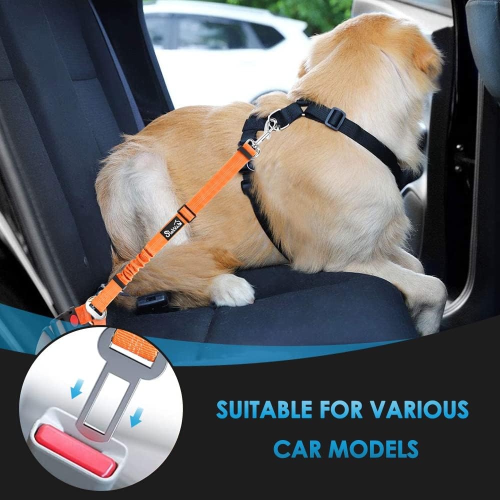 image:imageSlowTon Dog Seat Belt for Car 2 Pack Dog Car Harness Seatbelt Adjustable with Elastic Bungee Buffer 2 in 1 Pet Car Leash Headrest Restraint Dog Reflective Safety Tether Green HeadrestClipEOrange