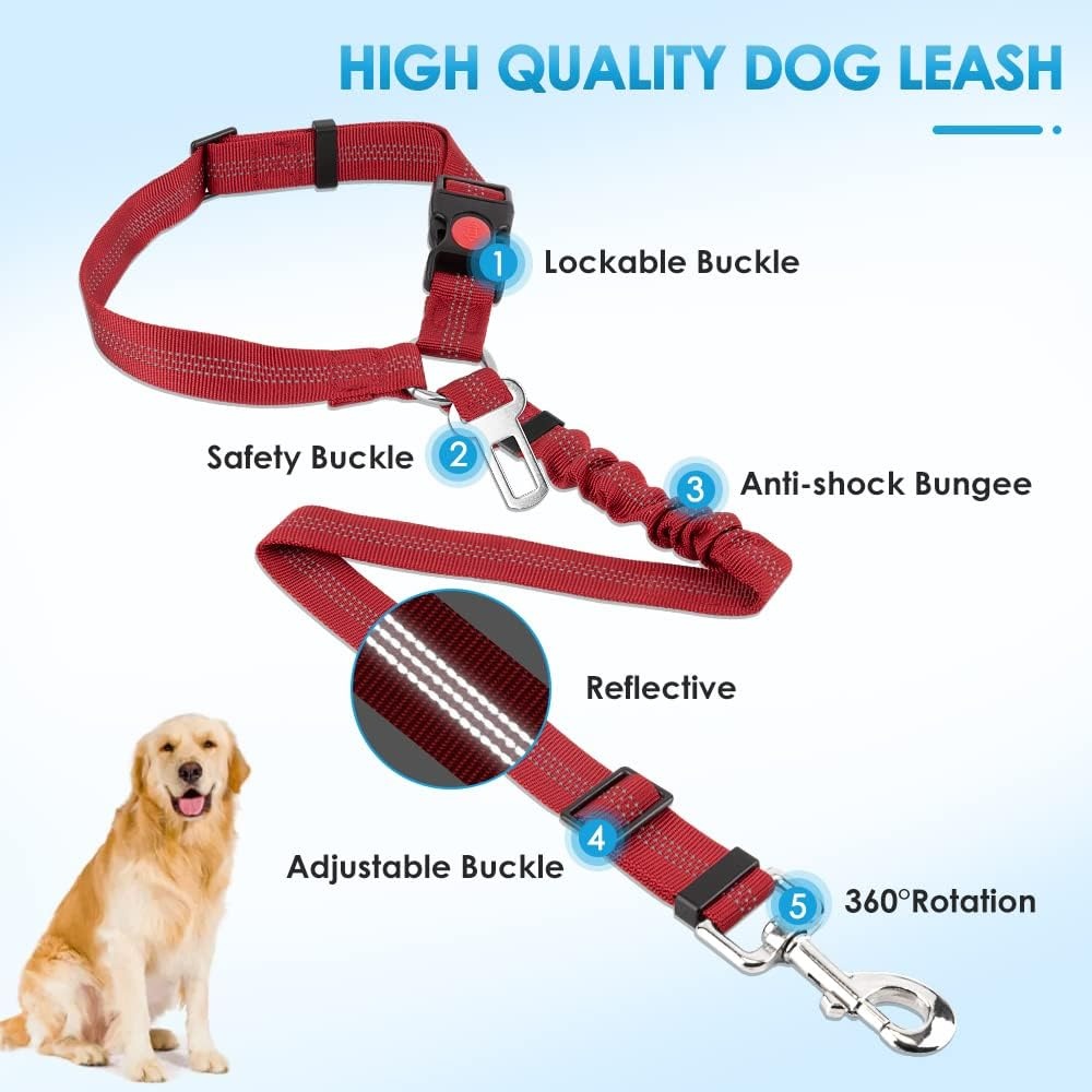 image:imageSlowTon Dog Seat Belt for Car 2 Pack Dog Car Harness Seatbelt Adjustable with Elastic Bungee Buffer 2 in 1 Pet Car Leash Headrest Restraint Dog Reflective Safety Tether Green HeadrestClipCRed