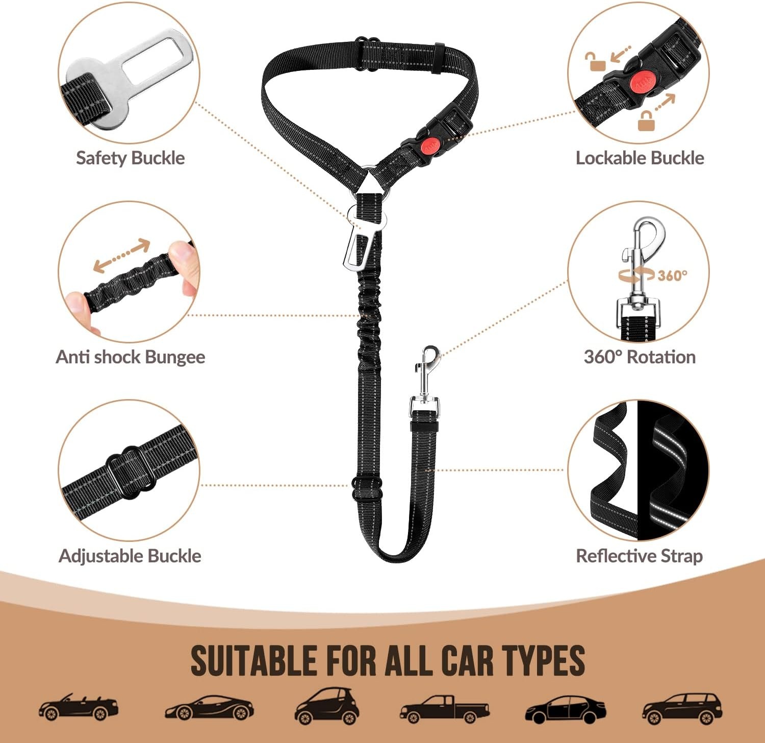 image:imageSlowTon Dog Seat Belt for Car 2 Pack Dog Car Harness Seatbelt Adjustable with Elastic Bungee Buffer 2 in 1 Pet Car Leash Headrest Restraint Dog Reflective Safety Tether Green HeadrestClipABlack