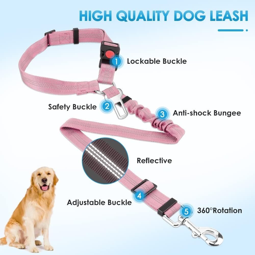 image:imageSlowTon Dog Seat Belt for Car 2 Pack Dog Car Harness Seatbelt Adjustable with Elastic Bungee Buffer 2 in 1 Pet Car Leash Headrest Restraint Dog Reflective Safety Tether Green HeadrestClipIPink