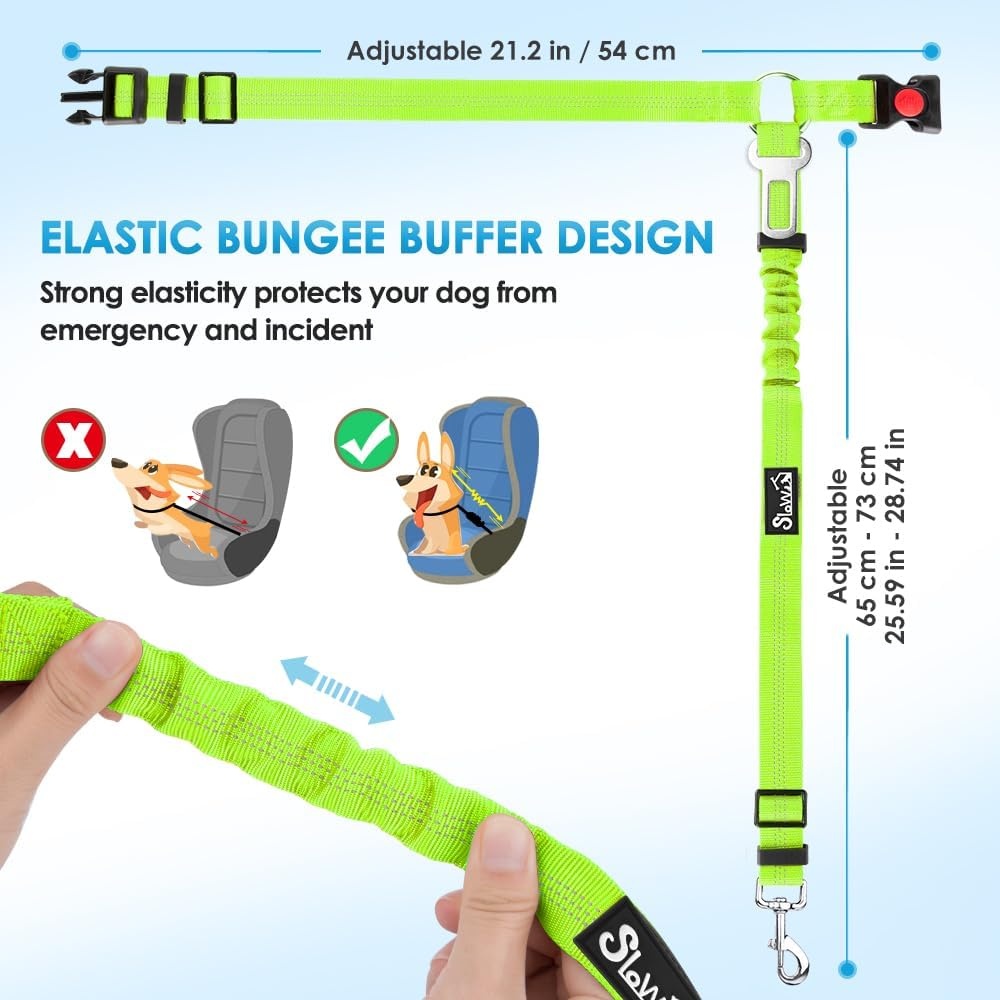 image:imageSlowTon Dog Seat Belt for Car 2 Pack Dog Car Harness Seatbelt Adjustable with Elastic Bungee Buffer 2 in 1 Pet Car Leash Headrest Restraint Dog Reflective Safety Tether Green HeadrestClipLLime Green