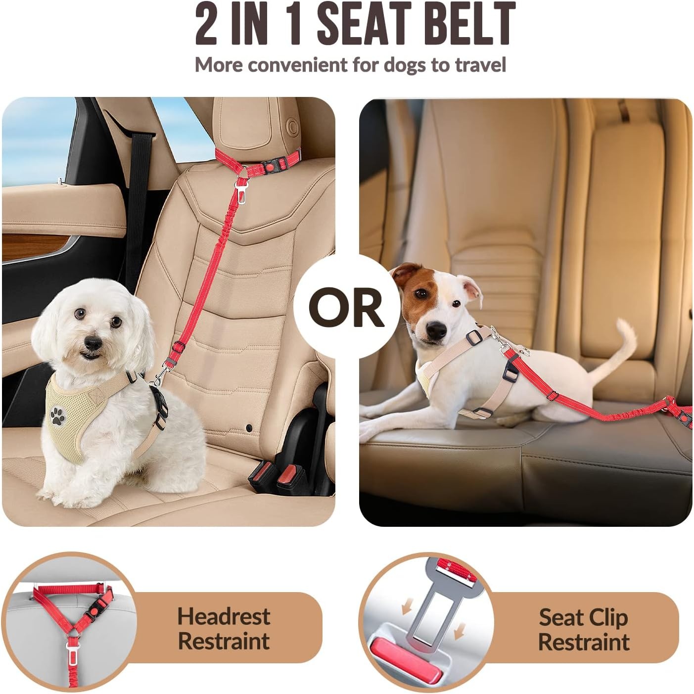 image:imageSlowTon Dog Seat Belt for Car 2 Pack Dog Car Harness Seatbelt Adjustable with Elastic Bungee Buffer 2 in 1 Pet Car Leash Headrest Restraint Dog Reflective Safety Tether Green HeadrestClipCRed
