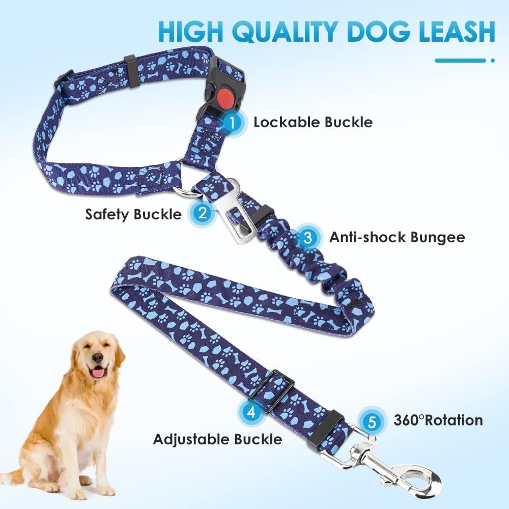 image:imageSlowTon Dog Seat Belt for Car 2 Pack Dog Car Harness Seatbelt Adjustable with Elastic Bungee Buffer 2 in 1 Pet Car Leash Headrest Restraint Dog Reflective Safety Tether Green HeadrestClipBBlue Paw