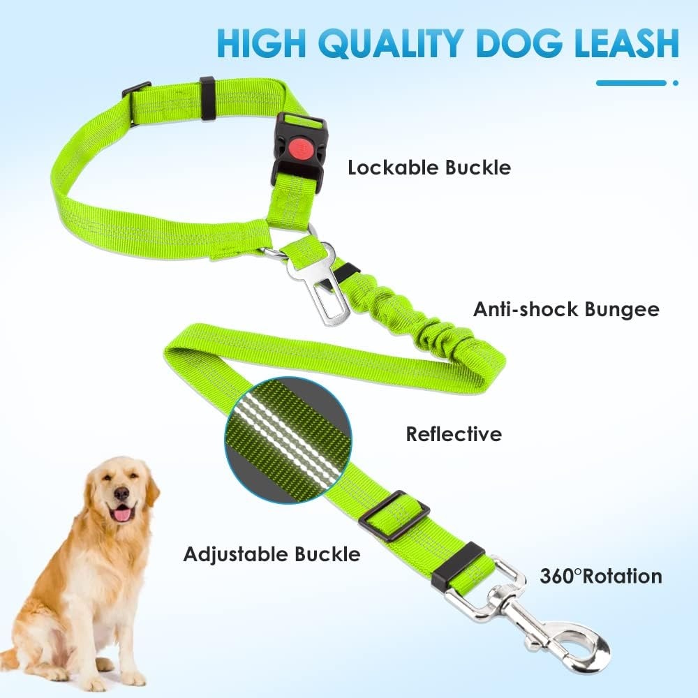 image:imageSlowTon Dog Seat Belt for Car 2 Pack Dog Car Harness Seatbelt Adjustable with Elastic Bungee Buffer 2 in 1 Pet Car Leash Headrest Restraint Dog Reflective Safety Tether Green HeadrestClipLLime Green