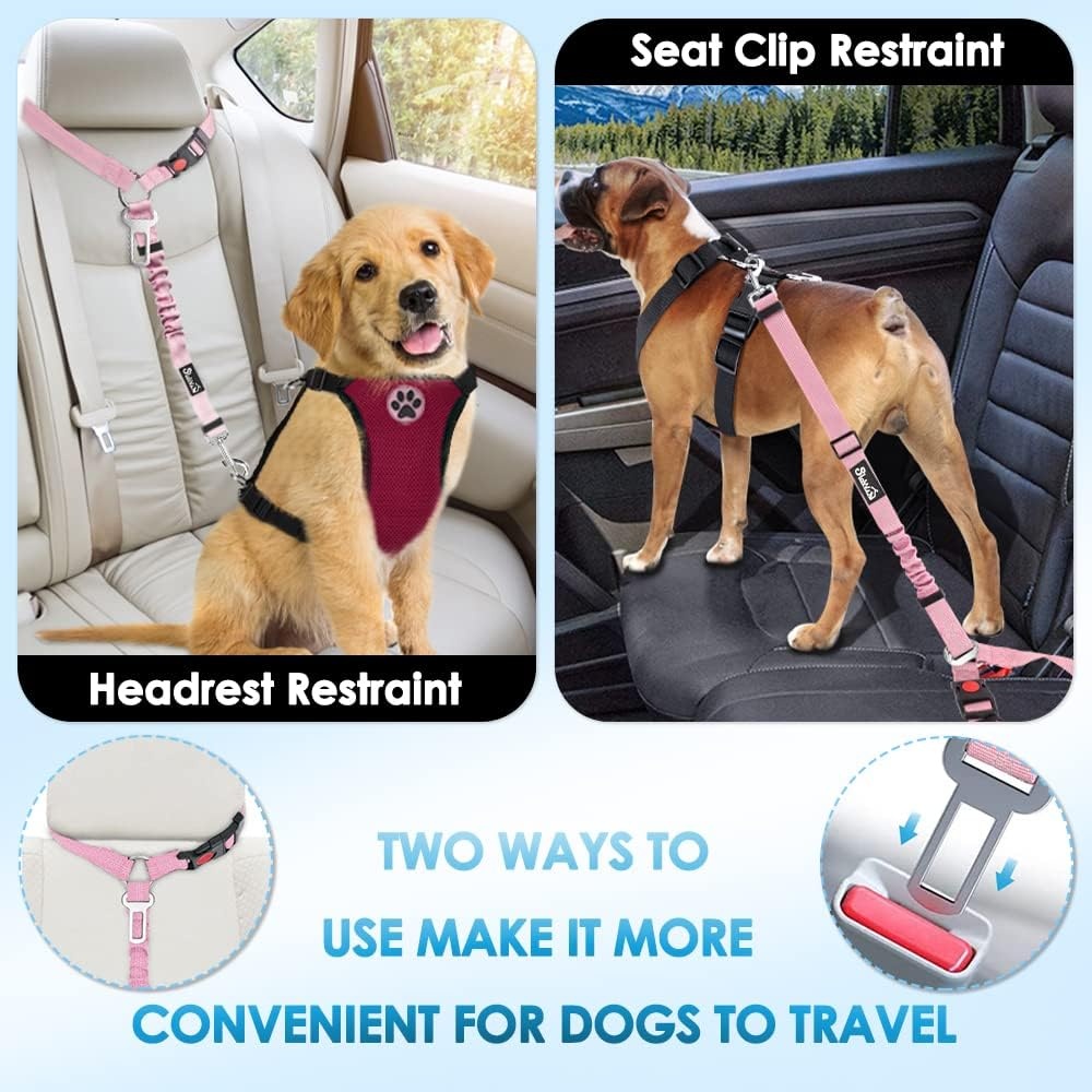 image:imageSlowTon Dog Seat Belt for Car 2 Pack Dog Car Harness Seatbelt Adjustable with Elastic Bungee Buffer 2 in 1 Pet Car Leash Headrest Restraint Dog Reflective Safety Tether Green HeadrestClipIPink