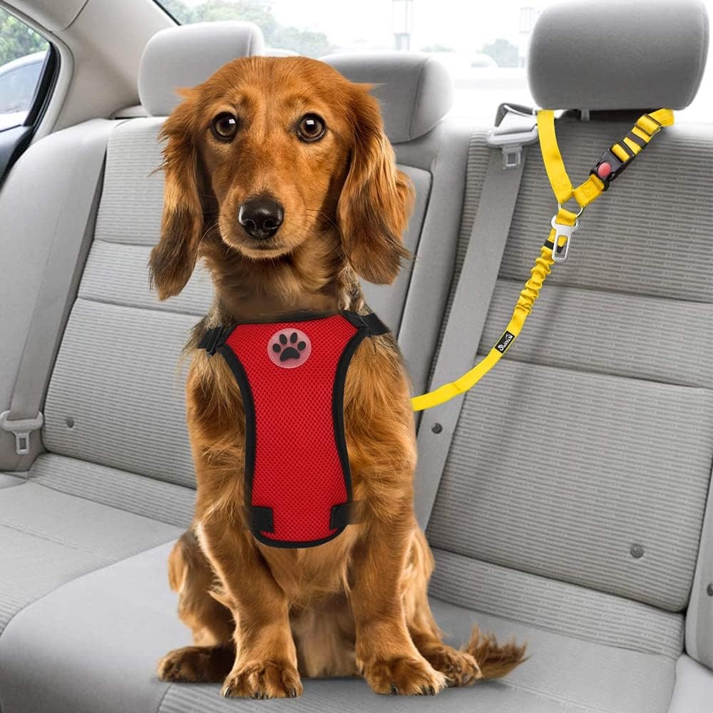 image:imageSlowTon Dog Seat Belt for Car 2 Pack Dog Car Harness Seatbelt Adjustable with Elastic Bungee Buffer 2 in 1 Pet Car Leash Headrest Restraint Dog Reflective Safety Tether Green HeadrestClipKYellow