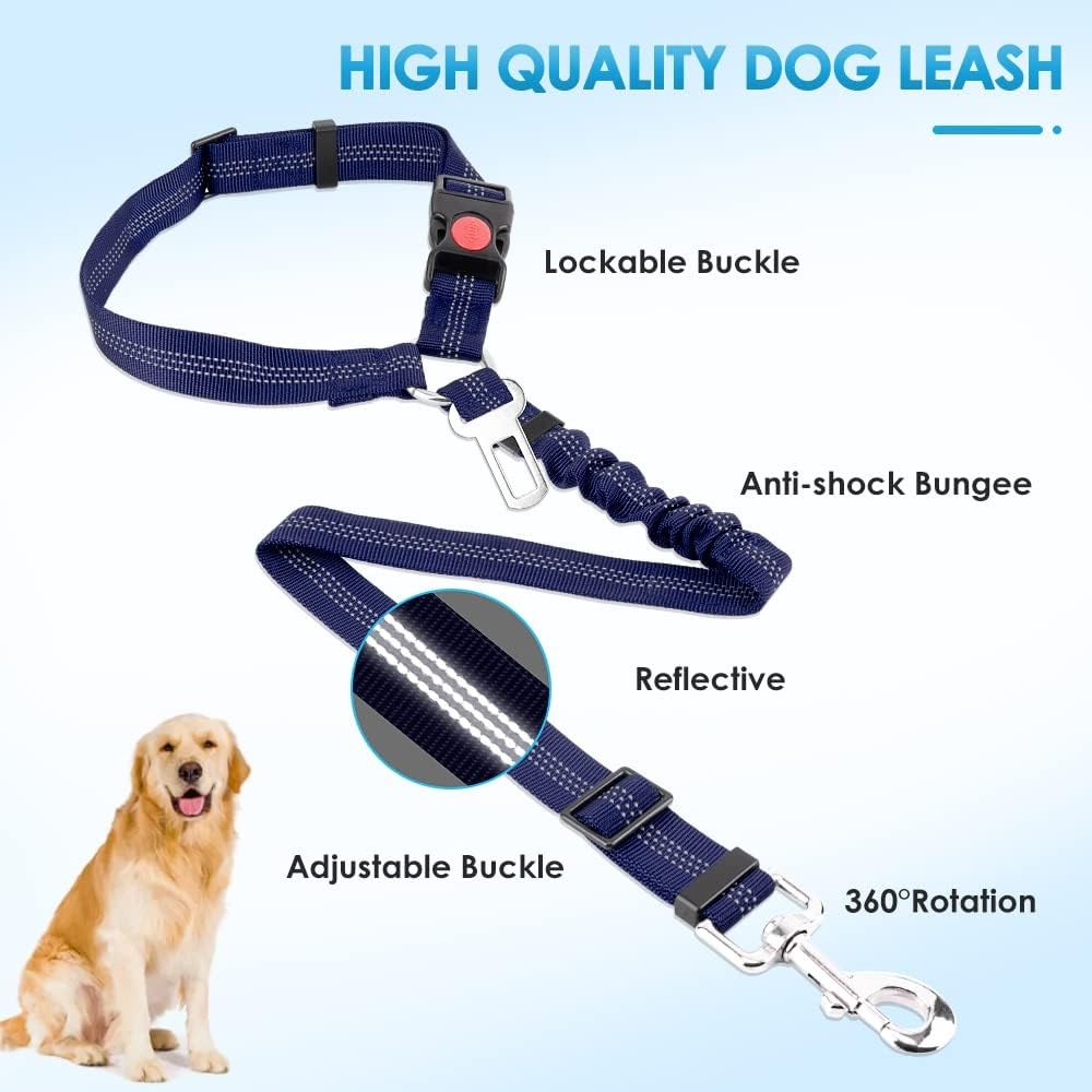 image:imageSlowTon Dog Seat Belt for Car 2 Pack Dog Car Harness Seatbelt Adjustable with Elastic Bungee Buffer 2 in 1 Pet Car Leash Headrest Restraint Dog Reflective Safety Tether Green HeadrestClipFBlue