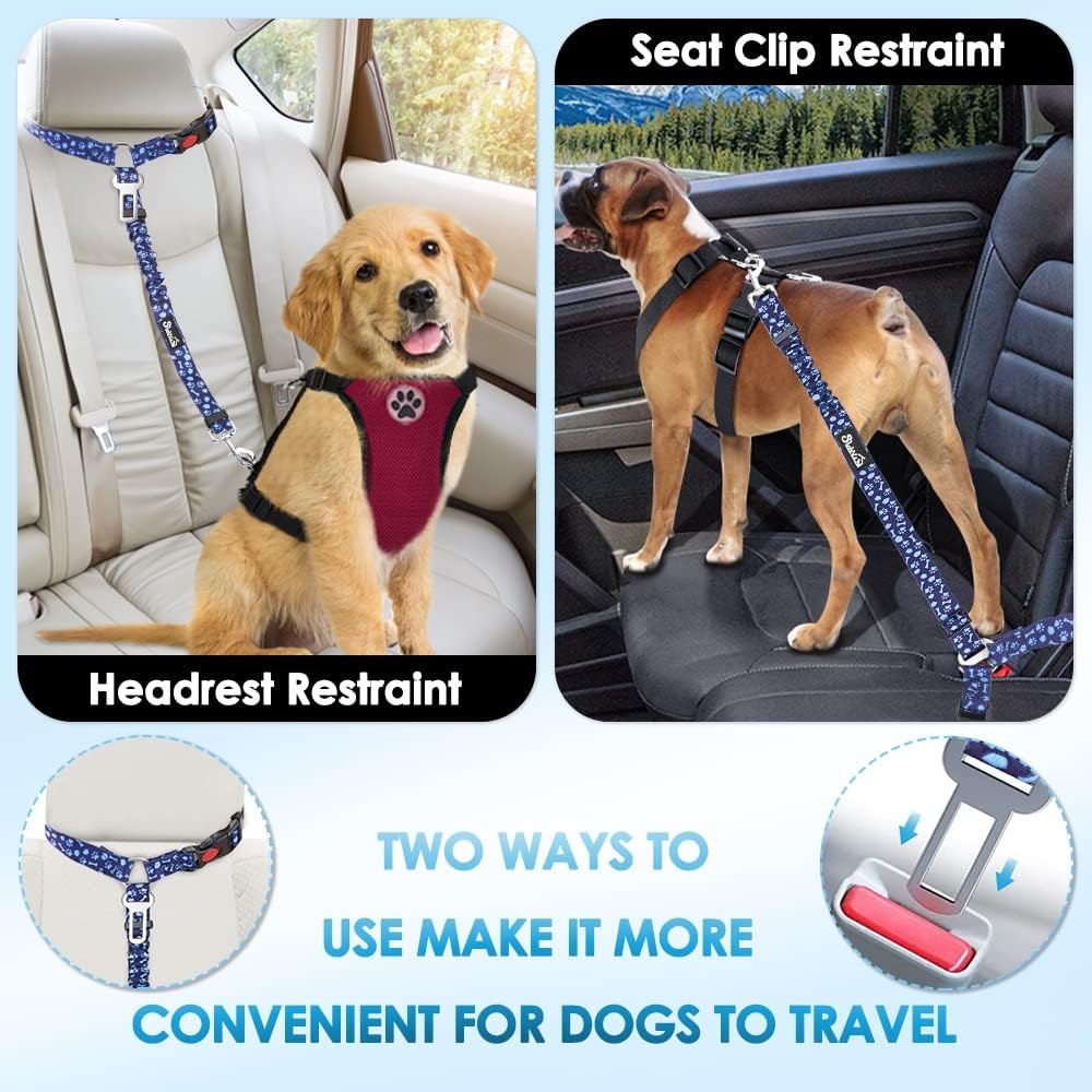 image:imageSlowTon Dog Seat Belt for Car 2 Pack Dog Car Harness Seatbelt Adjustable with Elastic Bungee Buffer 2 in 1 Pet Car Leash Headrest Restraint Dog Reflective Safety Tether Green HeadrestClipBBlue Paw