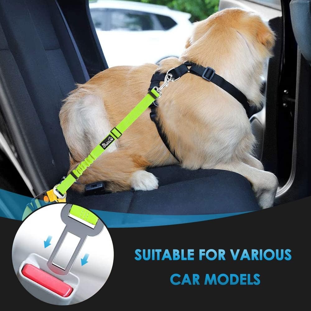 image:imageSlowTon Dog Seat Belt for Car 2 Pack Dog Car Harness Seatbelt Adjustable with Elastic Bungee Buffer 2 in 1 Pet Car Leash Headrest Restraint Dog Reflective Safety Tether Green HeadrestClipLLime Green