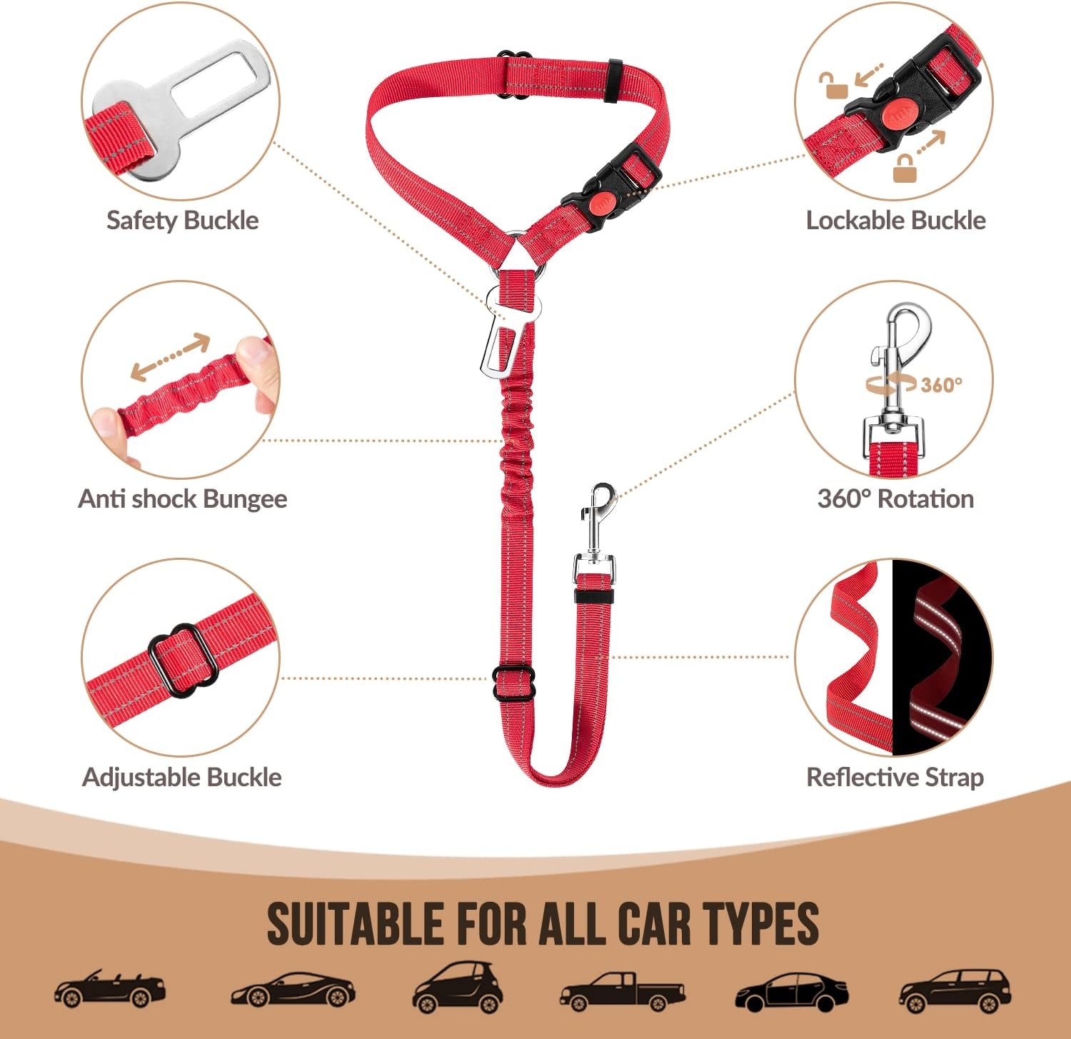 image:imageSlowTon Dog Seat Belt for Car 2 Pack Dog Car Harness Seatbelt Adjustable with Elastic Bungee Buffer 2 in 1 Pet Car Leash Headrest Restraint Dog Reflective Safety Tether Green HeadrestClipCRed