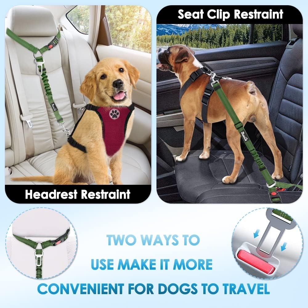 image:imageSlowTon Dog Seat Belt for Car 2 Pack Dog Car Harness Seatbelt Adjustable with Elastic Bungee Buffer 2 in 1 Pet Car Leash Headrest Restraint Dog Reflective Safety Tether Green HeadrestClipHGreen