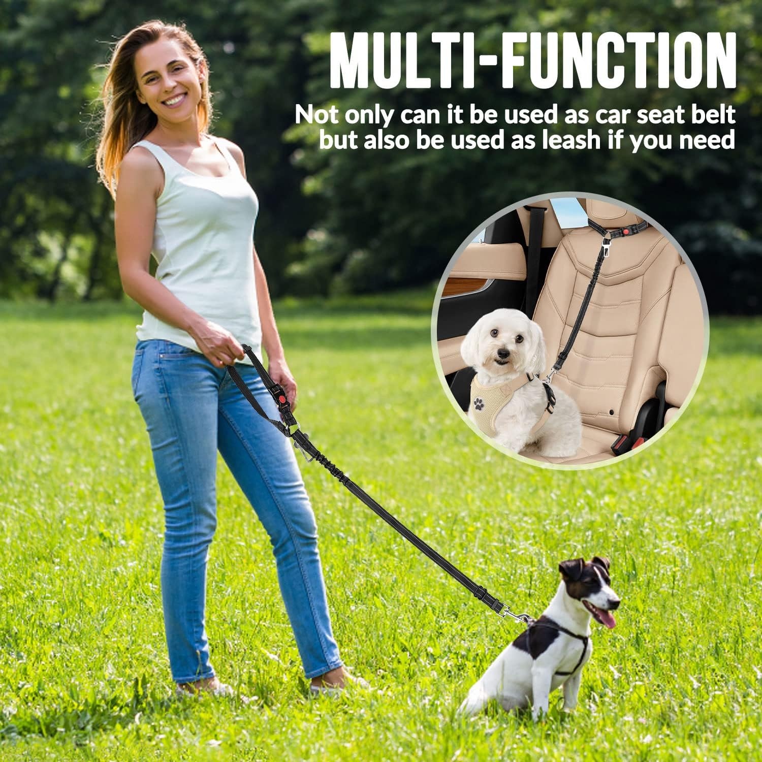 image:imageSlowTon Dog Seat Belt for Car 2 Pack Dog Car Harness Seatbelt Adjustable with Elastic Bungee Buffer 2 in 1 Pet Car Leash Headrest Restraint Dog Reflective Safety Tether Green HeadrestClipABlack