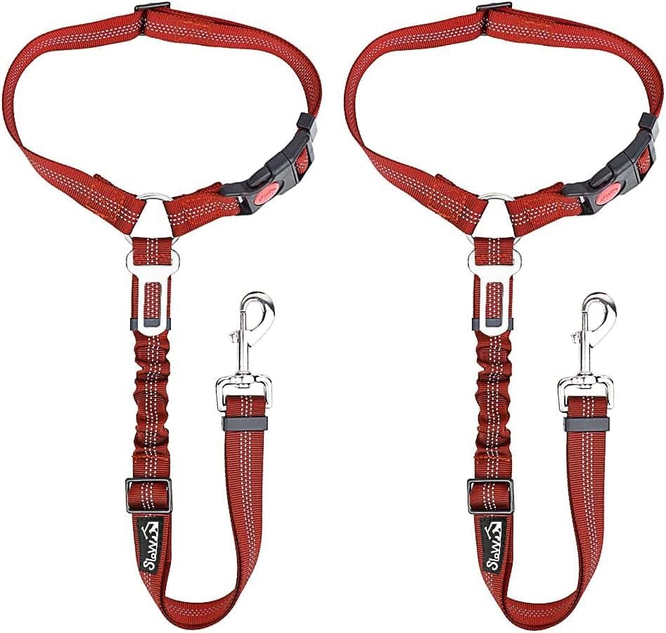 image:imageSlowTon Dog Seat Belt for Car 2 Pack Dog Car Harness Seatbelt Adjustable with Elastic Bungee Buffer 2 in 1 Pet Car Leash Headrest Restraint Dog Reflective Safety Tether Green HeadrestClipCRed