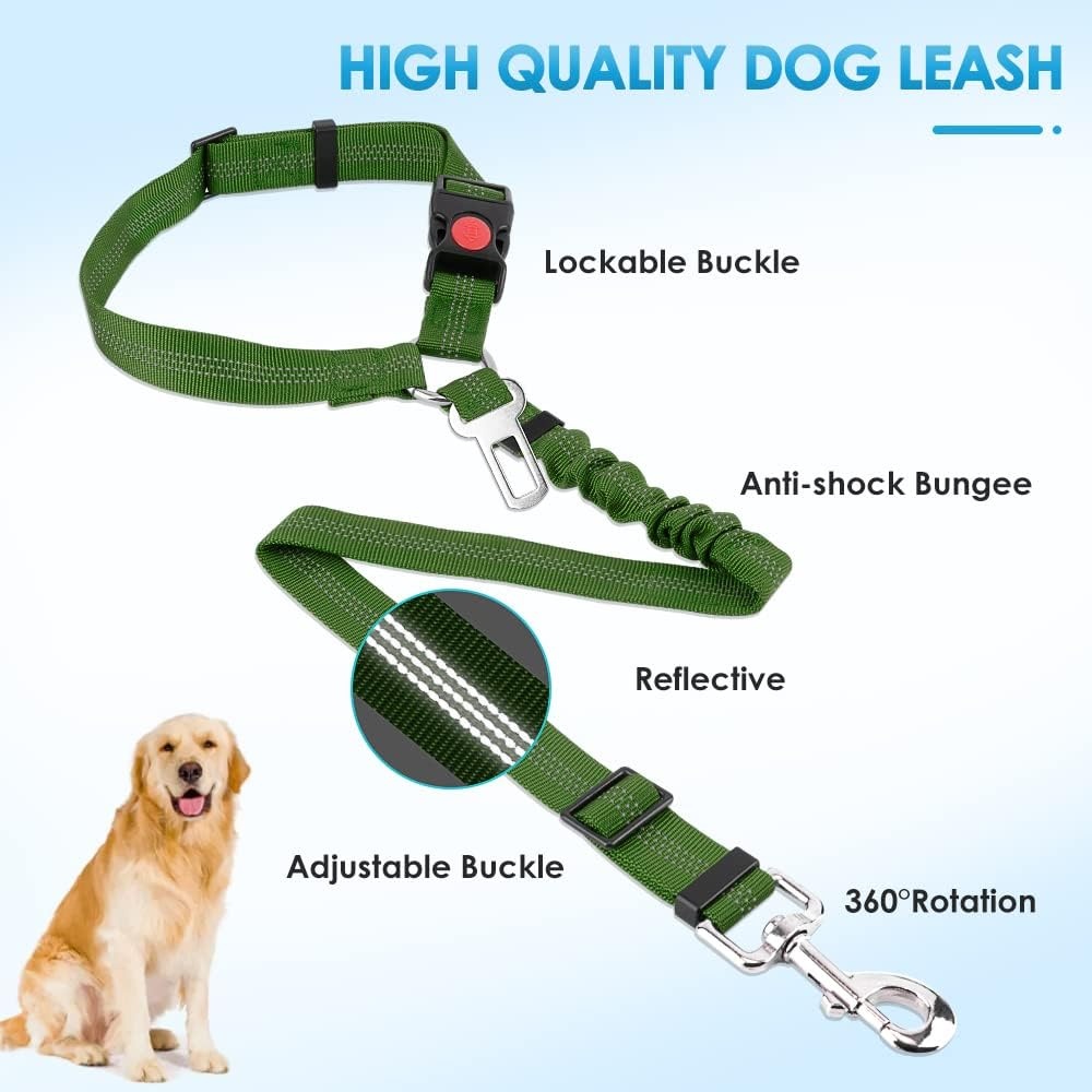 image:imageSlowTon Dog Seat Belt for Car 2 Pack Dog Car Harness Seatbelt Adjustable with Elastic Bungee Buffer 2 in 1 Pet Car Leash Headrest Restraint Dog Reflective Safety Tether Green HeadrestClipHGreen
