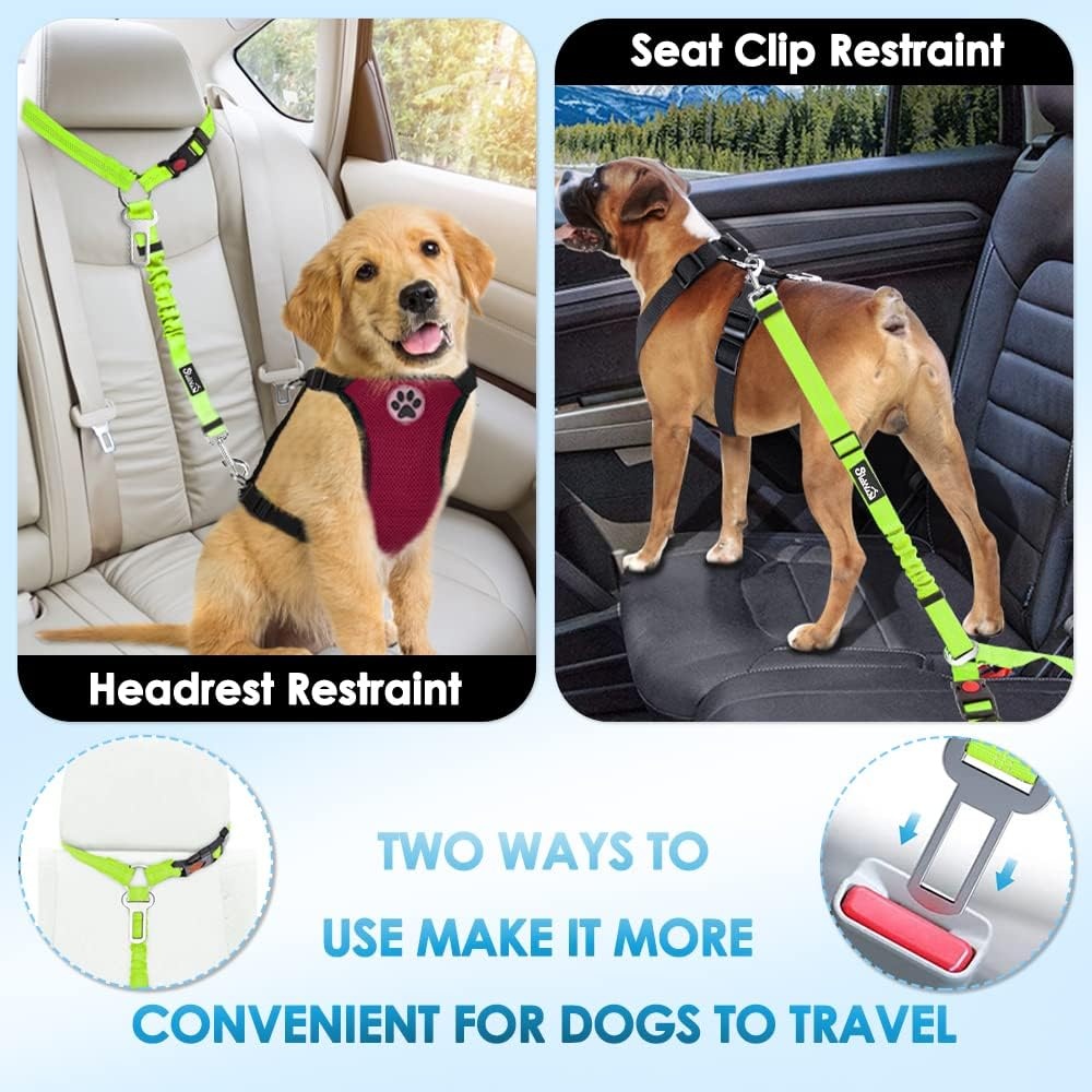image:imageSlowTon Dog Seat Belt for Car 2 Pack Dog Car Harness Seatbelt Adjustable with Elastic Bungee Buffer 2 in 1 Pet Car Leash Headrest Restraint Dog Reflective Safety Tether Green HeadrestClipLLime Green