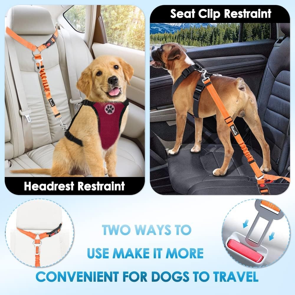 image:imageSlowTon Dog Seat Belt for Car 2 Pack Dog Car Harness Seatbelt Adjustable with Elastic Bungee Buffer 2 in 1 Pet Car Leash Headrest Restraint Dog Reflective Safety Tether Green HeadrestClipEOrange