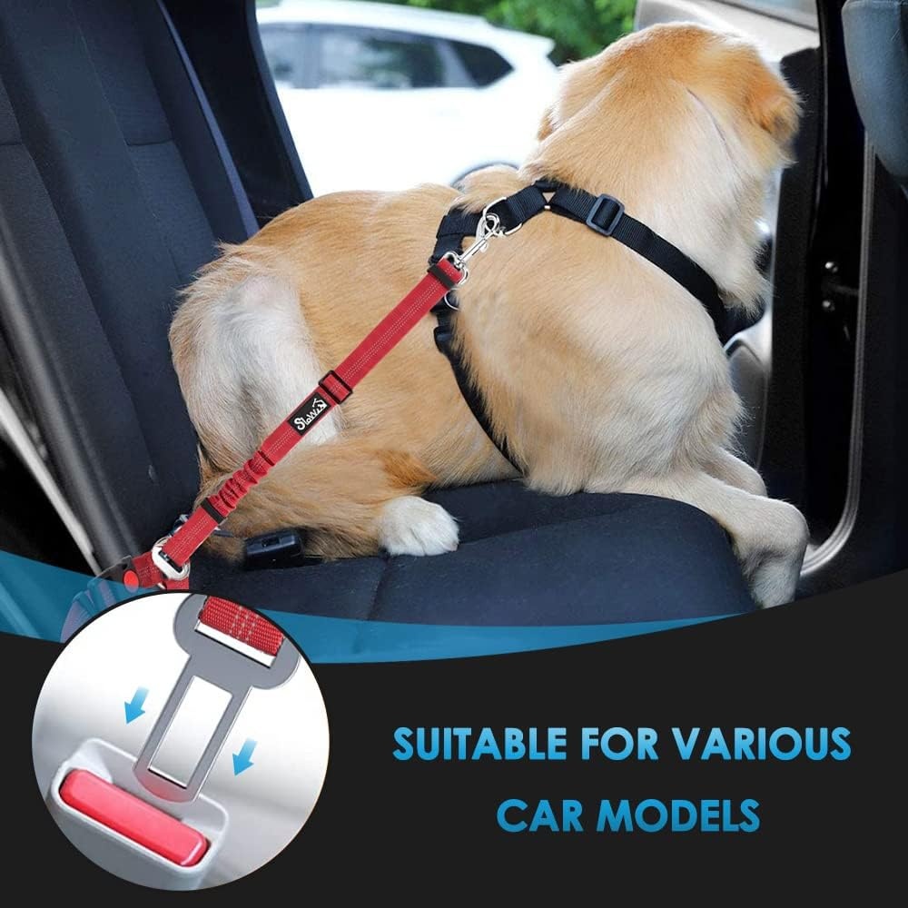 image:imageSlowTon Dog Seat Belt for Car 2 Pack Dog Car Harness Seatbelt Adjustable with Elastic Bungee Buffer 2 in 1 Pet Car Leash Headrest Restraint Dog Reflective Safety Tether Green HeadrestClipCRed